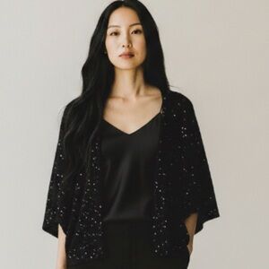 LaROK luxe Black 100% Cashmere Sequin Cardigan Sweater Kimono short sleeve Lg